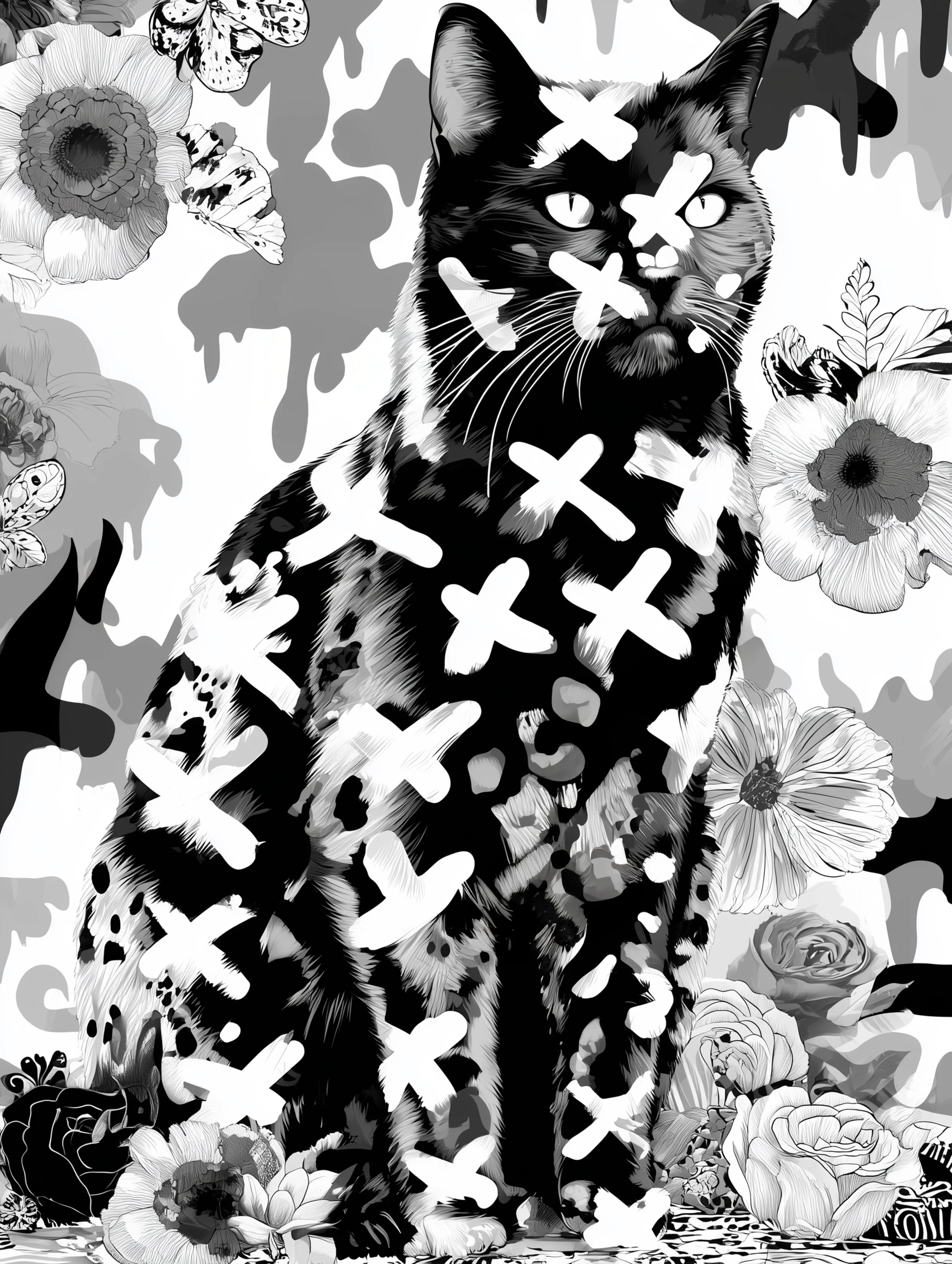 Free printable black cat coloring page for adults featuring artistic black cat with x marks on face and body